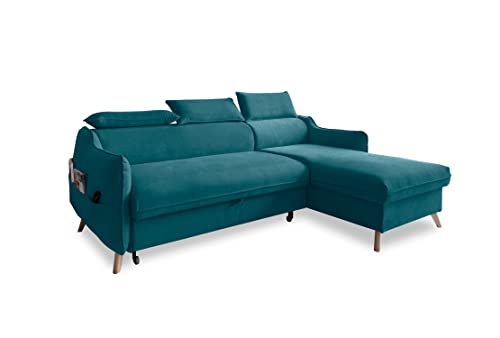 MIUFORM Ecksofa mit Bettfunktion und Bettkasten Kopfstütze | Sweet Harmony Ecksofa Wohnschlandschaft Schlafcouch | Easy Clean Stoff Samt (Türkis, Rechts ausgerichtet) von MIUFORM