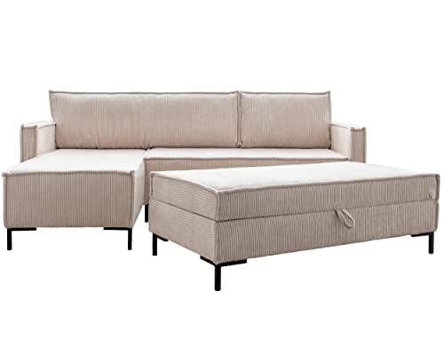 MIUFORM Ecksofa mit Schlaffunktion und Bettkasten (Hocker) Wendbar, Lincoln Wohnlandschaft L-Form mit Pouffe, Couch L Form Schlafcouch Pouf Wohnzimmer Sofa L Form, Metallfüße, Sofa Cord (Beige) von MIUFORM