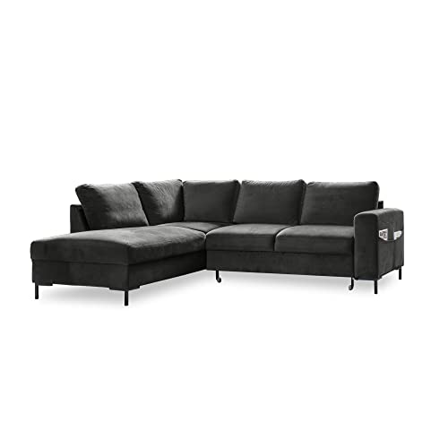 MIUFORM Ecksofa mit Schlaffunktion, Lofty Lilly Wohnlandschaft L-Form, Couch L Form Wohnladschaft mit Schlaffunktion Schlafcouch, Samt-Stoff Metallfüße (Dunkelgrau, Links ausgerichtet) von MIUFORM