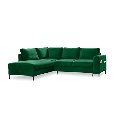 MIUFORM Ecksofa mit Schlaffunktion, Lofty Lilly Wohnlandschaft L-Form, Couch L Form Wohnladschaft mit Schlaffunktion Schlafcouch, Samt-Stoff Metallfüße (Flaschengrün Links ausgerichtet) von MIUFORM