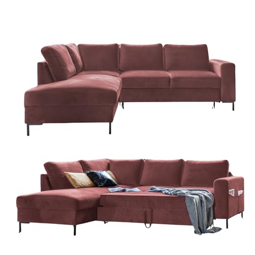 MIUFORM Ecksofa mit Schlaffunktion, Lofty Lilly Wohnlandschaft L-Form, Couch L Form Wohnladschaft mit Schlaffunktion Schlafcouch, Samt-Stoff Metallfüße (Koralle, Links ausgerichtet) von MIUFORM