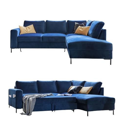 MIUFORM Ecksofa mit Schlaffunktion, Lofty Lilly Wohnlandschaft L-Form, Couch L Form Wohnladschaft mit Schlaffunktion Schlafcouch, Samt-Stoff Metallfüße (Navy blau, Rechts ausgerichtet) von MIUFORM