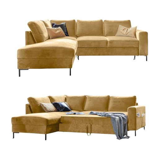 MIUFORM Ecksofa mit Schlaffunktion, Lofty Lilly Wohnlandschaft L-Form, Couch L Form Wohnladschaft mit Schlaffunktion Schlafcouch, Samt-Stoff Metallfüße (Senfgelb, Links ausgerichtet) von MIUFORM
