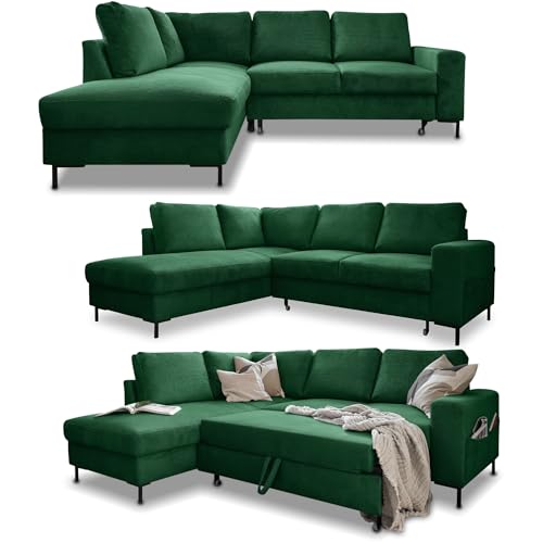 MIUFORM Ecksofa mit Schlaffunktion, Lofty Lilly Wohnlandschaft L-Form, Couch L Form Wohnladschaft mit Schlaffunktion Schlafcouch, Sofa Cord Metallfüße (Flaschengrün, Links ausgerichtet) von MIUFORM