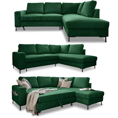 MIUFORM Ecksofa mit Schlaffunktion, Lofty Lilly Wohnlandschaft L-Form, Couch L Form Wohnladschaft mit Schlaffunktion Schlafcouch, Sofa Cord Metallfüße (Flaschengrün Rechts ausgerichtet) von MIUFORM