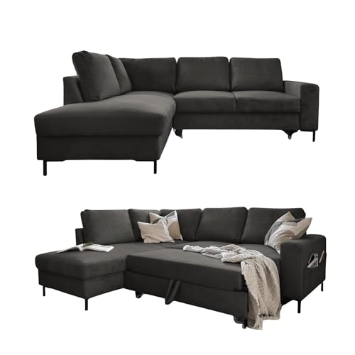 MIUFORM Ecksofa mit Schlaffunktion, Lofty Lilly Wohnlandschaft L-Form, Couch L Form Wohnladschaft mit Schlaffunktion Schlafcouch, Sofa Cord Metallfüße (Grau, Links ausgerichtet) von MIUFORM