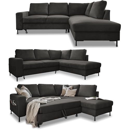 MIUFORM Ecksofa mit Schlaffunktion, Lofty Lilly Wohnlandschaft L-Form, Couch L Form Wohnladschaft mit Schlaffunktion Schlafcouch, Sofa Cord Metallfüße (Grau, Rechts ausgerichtet) von MIUFORM