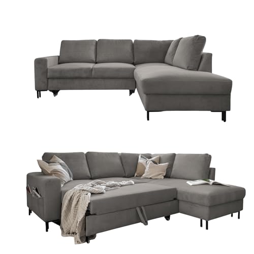 MIUFORM Ecksofa mit Schlaffunktion, Lofty Lilly Wohnlandschaft L-Form, Couch L Form Wohnladschaft mit Schlaffunktion Schlafcouch, Sofa Cord Metallfüße (Hellgrau, Rechts ausgerichtet) von MIUFORM