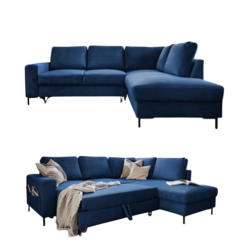MIUFORM Ecksofa mit Schlaffunktion, Lofty Lilly Wohnlandschaft L-Form, Couch L Form Wohnladschaft mit Schlaffunktion Schlafcouch, Sofa Cord Metallfüße (Navy blau, Rechts ausgerichtet) von MIUFORM