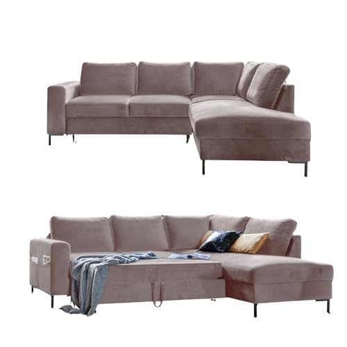 MIUFORM Ecksofa mit Schlaffunktion, Lofty Lilly Wohnlandschaft L-Form, Couch L Form Wohnladschaft mit Schlaffunktion Schlafcouch Samt-Stoff Metallfuße (Dunkelbeige Rechts ausgerichtet) von MIUFORM