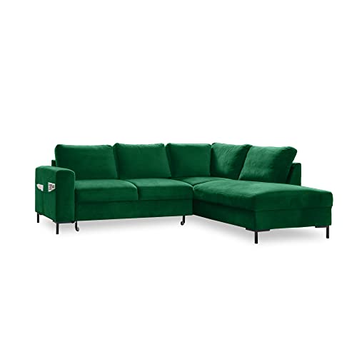 MIUFORM Ecksofa mit Schlaffunktion, Lofty Lilly Wohnlandschaft L-Form, Couch L Form Wohnladschaft mit Schlaffunktion Schlafcouch Samt-Stoff Metallfuße (Flaschengrun Rechts ausgerichtet) von MIUFORM