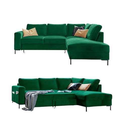 MIUFORM Ecksofa mit Schlaffunktion, Lofty Lilly Wohnlandschaft L-Form, Couch L Form Wohnladschaft mit Schlaffunktion Schlafcouch Samt-Stoff Metallfuße (Flaschengrun Rechts ausgerichtet) von MIUFORM