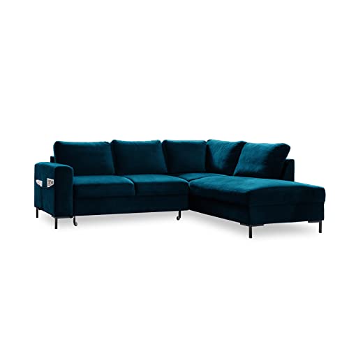 MIUFORM Ecksofa mit Schlaffunktion, Lofty Lilly Wohnlandschaft L-Form, Couch L Form Wohnladschaft mit Schlaffunktion Schlafcouch Samt-Stoff Metallfuße (Petrolgrün Rechts ausgerichtet) von MIUFORM