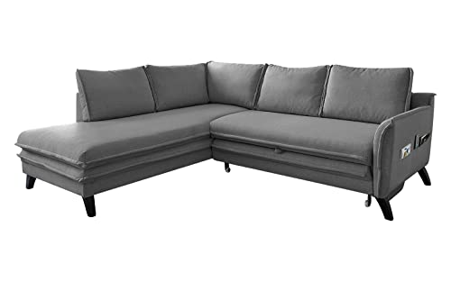 MIUFORM Ecksofa mit Schlaffunktion | Charming Charlie L-Form | Wohnladschaft Couch Schlafcouch Wohnzimmer Gästezimmer | Holzfüße (Grau, Links ausgerichtet) von MIUFORM