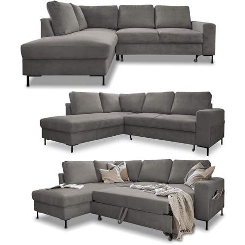 MIUFORM Ecksofa mit Schlaffunktion, Lofty Lilly Wohnlandschaft L-Form, Couch L Form Wohnladschaft mit Schlaffunktion Schlafcouch, Sofa Cord Metallfüße (Hellgrau, Links ausgerichtet) von MIUFORM