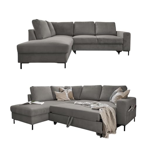 MIUFORM Ecksofa mit Schlaffunktion, Lofty Lilly Wohnlandschaft L-Form, Couch L Form Wohnladschaft mit Schlaffunktion Schlafcouch, Sofa Cord Metallfüße (Hellgrau, Links ausgerichtet) von MIUFORM