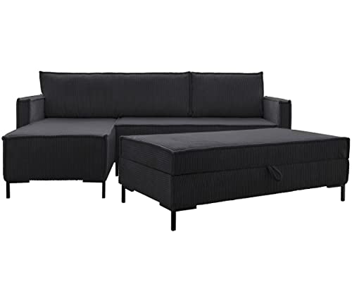 MIUFORM Ecksofa mit Schlaffunktion und Bettkasten (Hocker) Wendbar, Lincoln Wohnlandschaft L-Form mit Pouffe, Couch L Form Schlafcouch Pouf Wohnzimmer Sofa L Form, Metallfüße, Sofa Cord (Anthrazit) von MIUFORM