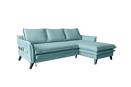 MIUFORM Ecksofa mit Schlaffunktion und Bettkasten | Charming Charlie Wohnlandschaft Mit Schlaffunktion Couch Schlafcouch Wohnzimmer Gästezimmer Holzlfüße Boho-Stil (Pastellblau Rechts ausgerichtet) von MIUFORM