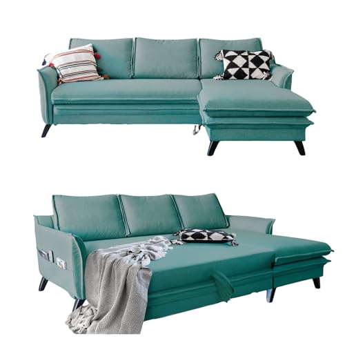 MIUFORM Ecksofa mit Schlaffunktion und Bettkasten | Charming Charlie Wohnlandschaft Mit Schlaffunktion Couch Schlafcouch Wohnzimmer Gästezimmer Holzlfüße Boho-Stil (Pastellblau Rechts ausgerichtet) von MIUFORM