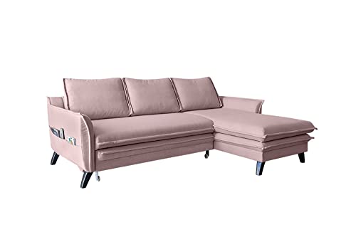 MIUFORM Ecksofa mit Schlaffunktion und Bettkasten | Charming Charlie Wohnlandschaft Mit Schlaffunktion Couch Schlafcouch Wohnzimmer Gästezimmer Holzlfüße Boho-Stil (Puderrosa, Rechts ausgerichtet) von MIUFORM