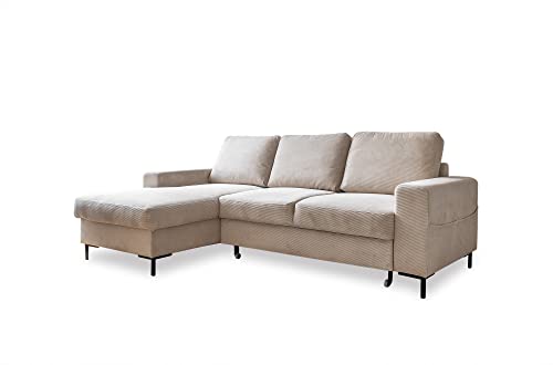 MIUFORM Ecksofa mit Schlaffunktion und Bettkasten | Lofty Lilly | Wohnladschaft Couch Schlafcouch Wohnzimmer Gästezimmer | Cord-Stoff Metallfüße (Beige, Links ausgerichtet) von MIUFORM