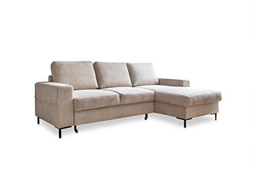 MIUFORM Ecksofa mit Schlaffunktion und Bettkasten | Lofty Lilly | Wohnladschaft Couch Schlafcouch Wohnzimmer Gästezimmer | Cord-Stoff Metallfüße (Beige, Rechts ausgerichtet) von MIUFORM