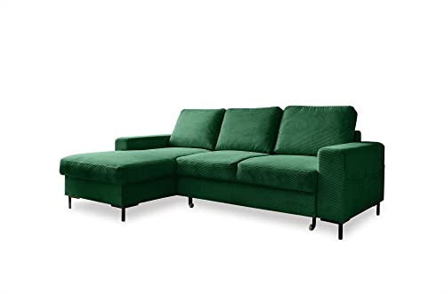 MIUFORM Ecksofa mit Schlaffunktion und Bettkasten | Lofty Lilly | Wohnladschaft Couch Schlafcouch Wohnzimmer Gästezimmer | Cord-Stoff Metallfüße (Flaschengrün, Links ausgerichtet) von MIUFORM