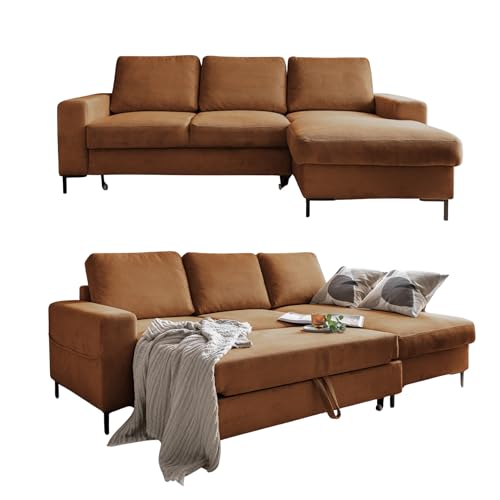 MIUFORM Ecksofa mit Schlaffunktion und Bettkasten | Lofty Lilly | Wohnladschaft Couch Schlafcouch Wohnzimmer Gästezimmer | Cord-Stoff Metallfüße (Ziegelrot, Rechts ausgerichtet) von MIUFORM