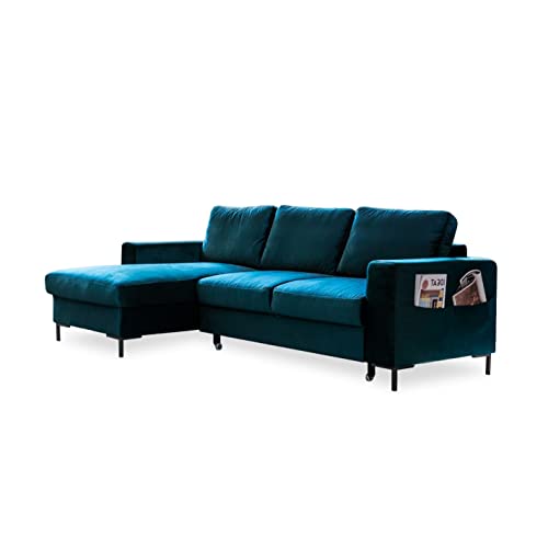 MIUFORM Ecksofa mit Schlaffunktion und Bettkasten | Lofty Lilly | Wohnladschaft Couch Schlafcouch Wohnzimmer Gästezimmer | Samt-Stoff Metallfüße (Petrolgrün, Links ausgerichtet) von MIUFORM