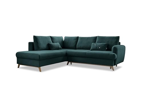 MIUFORM Ecksofa mit Schlaffunktion und Bettkasten - Scandic Lagom L Wohnlandschaft mit Schlaffunktion Sofa L Form Couch L Form Wohnlandschaft L-Form Couch 3 Sitzer Sofa mit Bettfunktion Türkis Links von MIUFORM