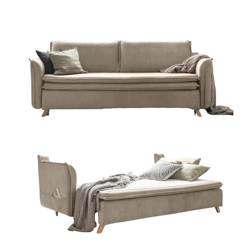 MIUFORM Dauerschlafsofa, Schlafcouch 140x200 mit Bettkasten - Couch 3 Sitzer Sofa mit Bettfunktion Schlafcouch mit Bettkasten Sofa Beige von MIUFORM