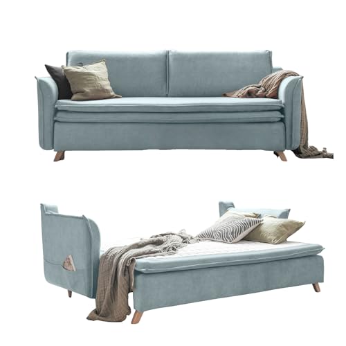 MIUFORM Dauerschlafsofa, Schlafcouch 140x200 mit Bettkasten - Schlafsofa mit Matratze, Sofa Schlafsofa 200cm Breit, Sofabett Couch 3 Sitzer Sofa mit Bettfunktion Schlafcouch mit Bettkasten Pastellblau von MIUFORM