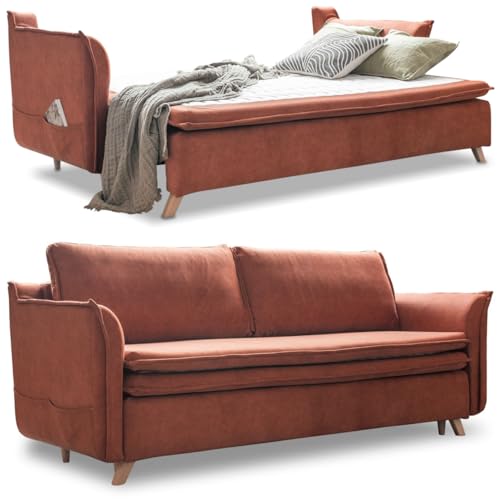MIUFORM Dauerschlafsofa, Schlafcouch 140x200 mit Bettkasten - Schlafsofa mit Matratze, Sofa Schlafsofa 200cm Breit, Sofabett, Couch 3 Sitzer Sofa mit Bettfunktion, Schlafcouch mit Bettkasten Ziegelrot von MIUFORM