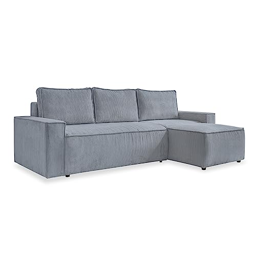 MIUFORM Sofa Cord 250 cm x 156 cm x 89 cm, Ecksofa mit Schlaffunktion und Bettkasten - Brave Dave - Couch L Form Sofa L Form, Wohnlandschaft mit Schlaffunktion, Cord Sofa (Hellgrau) von MIUFORM