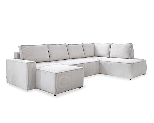 MIUFORM Sofa Cord U Form 322 cm x 194 cm x 89 cm, Ecksofa mit Schlaffunktion und Bettkasten- Brave Dave U- Wohnlandschaft U Form mit Schlaffunktion, Cord Sofa Beige, Rechts ausgerichtet von MIUFORM