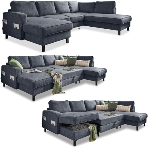 MIUFORM Wohnlandschaft U-Form, Ecksofa mit Schlaffunktion und Bettkasten - U Sofa U Form mit Schlaffunktion, Wohnlandschaft mit Schlaffunktion, Big Sofa XXL Couch U Form XXL (Navy Blau, Rechts) von MIUFORM