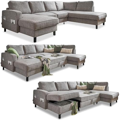 MIUFORM Wohnlandschaft U-Form, Sofa Grau - Ecksofa mit Schlaffunktion und Bettkasten, U Sofa U Form mit Schlaffunktion, Wohnlandschaft mit Schlaffunktion, Big Sofa XXL Couch U Form XXL (Rechts) von MIUFORM