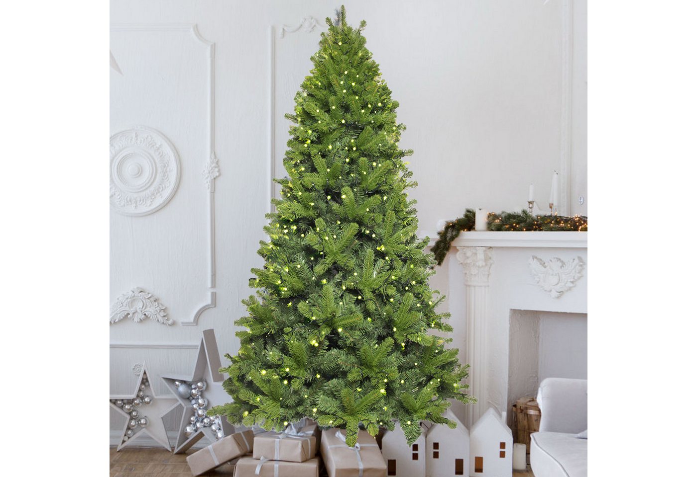 MIUI Künstlicher Weihnachtsbaum Tannenbaum Christbaum mit Holzständer PE PVC 210cm, Nordmanntanne, Beleuchtung mit 8 Modi,1400 dichte Zweige aus PVC + PE von MIUI