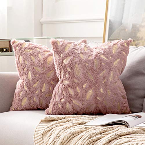 MIULEE 2er Set Kissenbezug Kuschelkissen Feder Dekokissen Flauschig Kissenbezüge Zierkissen Boho Sofakissen Deko Couchkissen Bezug Kissenhüllen für Sofa Wohnzimmer 50x50cm Gold-Schmutziges Rosa von MIULEE