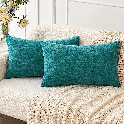 MIULEE 2er Set Dekorative Kissenbezug Weiche Chenille Kissenbezüge für Wohnzimmersofa Einfarbige Kissenhülle 30x50cm Blau Grün von MIULEE