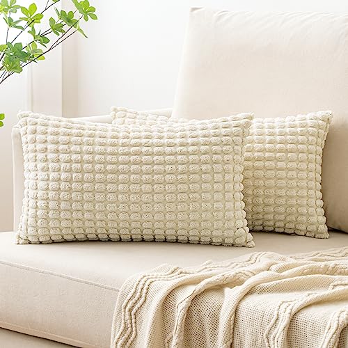 MIULEE Set von 2 dekorativen Cord Kissenbezügen Granulat gestreifte Feste quadratische Wurf Kissenbezüge für Sofa Couch Home Schlafzimmer 30x50cm 12x20in Creme von MIULEE