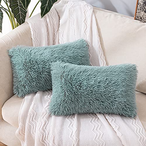 MIULEE 2er Set Kissenbezüge Künstlich Pelz Sofakissen Dekorative Dekokissen Kuschelkissen Plüschkissen Kuschelig Couchkissen Superweich Kissen Flauschig Kissenbezug für Sofa 30x50 cm Wasser Blau von MIULEE