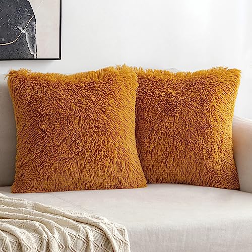 MIULEE 2er Set Kissenbezüge Künstlich Pelz Sofakissen Dekorative Dekokissen Kuschelkissen Plüschkissen Kuschelig Couchkissen Superweich Kissen Flauschig Kissenbezug für Sofa 40x40 cm Gold von MIULEE