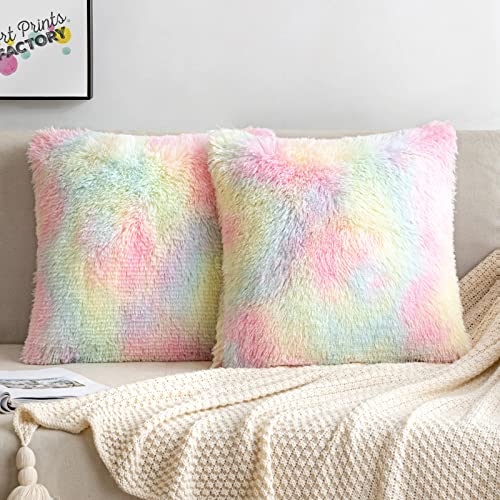 MIULEE 2er Set Kissenbezüge Künstlich Pelz Sofakissen Dekorative Dekokissen Kuschelkissen Plüschkissen Kuschelig Couchkissen Superweich Kissen Flauschig Kissenbezug für Sofa 45x45 cm Regenbogen von MIULEE