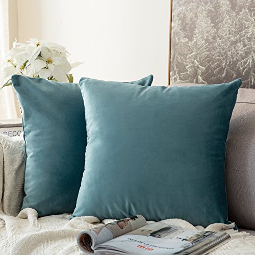 MIULEE 2er Set Samt Kissenbezüge Kissenhülle Kissenbezug Sofakissen Dekorative Dekokissen Couchkissen Zierkissen mit Verstecktem Reißverschluss für Sofa Schlafzimmer 60x60 cm Blaugrün von MIULEE