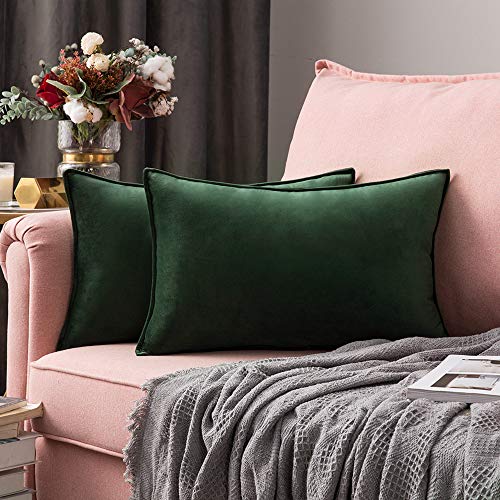 MIULEE 2er Set Samt Kissenbezug Flansch Kissenhülle Dekorative Sofakissen Dekokissen Umwickelte Kante Kissenbezüge Zierkissenbezug für Sofa Wohnzimmer Schlafzimmer 30x50 cm Dunkelgrün von MIULEE
