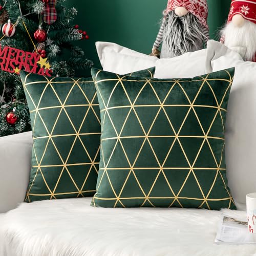 MIULEE 2er Set Weihnachten Weihnachtskissen Samt Kissenbezug Gitter Moderne Zierkissenbezug Kissenbezüge Sofakissen Weich Deko mit Verstecktem Reißverschluss für Sofa Bett 45x45 cm Dunkelgrün von MIULEE