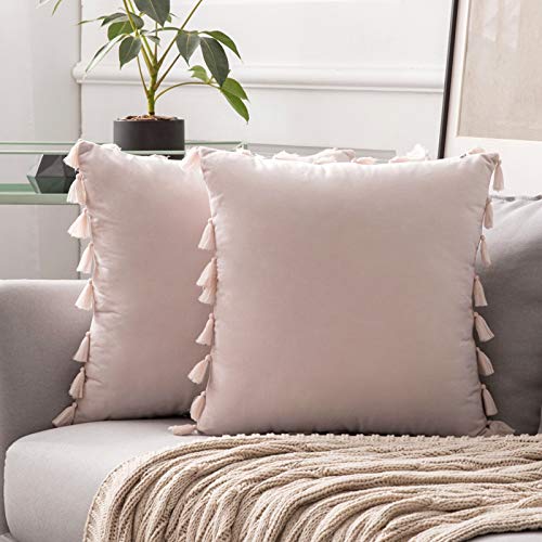 MIULEE 2er Set Samt Kissenbezug Quaste Kissenhülle Dekorative Sofakissen Tassel Dekokissen Deko Boho Kissen Kissenbezüge Couchkissen Versteckt Reißverschluss für Schlafzimmer Rosa 40x40 cm von MIULEE