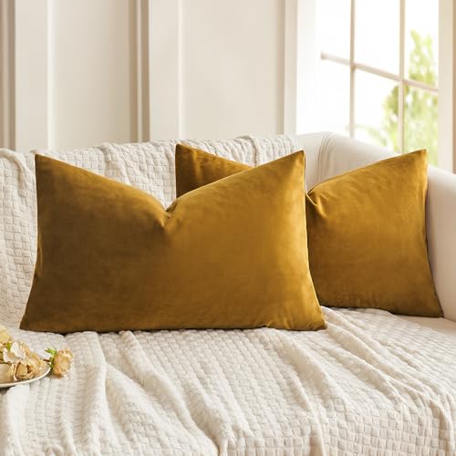 MIULEE 2er Set Samt Soft Solid Dekorative Quadrat Wurf Kissenbezüge Set Kissen Fall für Sofa Schlafzimmer Senfgelb 12x20 Zoll 30x50 cm von MIULEE