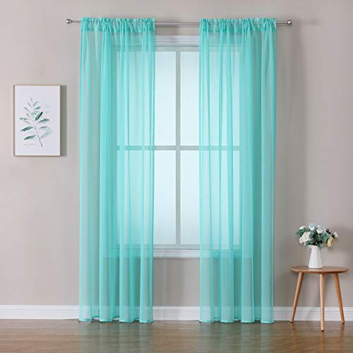 MIULEE 2er Set Sheer Voile Vorhang Stangedurchzug Transparente Gardine aus Polyester Fensterschal Transparent Wohnzimmer Luftig Dekoschal für Schlafzimmer 140 X 175 cm (B x H), Rod Pocket Türkis von MIULEE